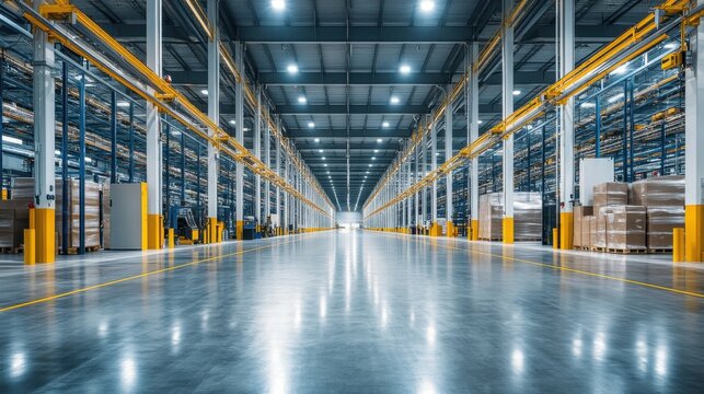 A clean, organized warehouse aisle with automated sorting machines in operation, and a large area of copy space along the floor and walls for added content