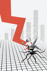 Vertical photo collage of silly guy ride chair arrow point down crack recession economy decline loss isolated on painted background