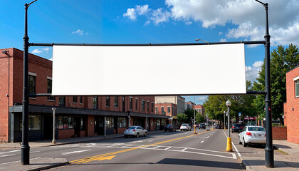 Large empty street banner mockup PSD template on roadside with copy space for advertising in urban area
