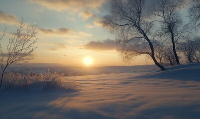 Tranquil Winter Sunrise Over Snowy Landscape