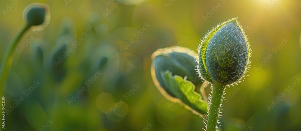 Canvas Prints sunlit green poppy bud with selective focus on a natural backdrop ideal copy space image