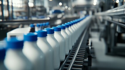 Fototapeta premium Bottling Milk on a Factory Conveyor Belt with Rows of Milk Bottles in a Production Line
