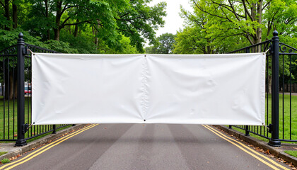 Street banner mockup PSD Large empty street banner mockup hanging at park entrance with copy space for advertising
