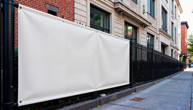 Street banner mockup PSD  on fence with copy space for free design in urban setting