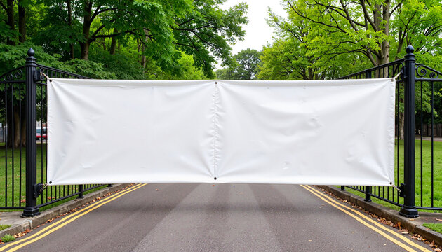 Street banner mockup PSD Large empty street banner mockup hanging at park entrance with copy space for advertising