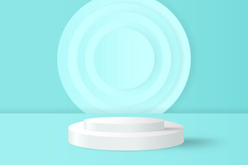 Abstract 3D blue podium background. Modern minimalist mockup for product display presentation. Realistic blue cylinder pedestal podium.