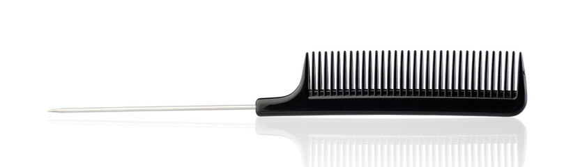 Professional black hair cutting comb with metal handle isolated on white