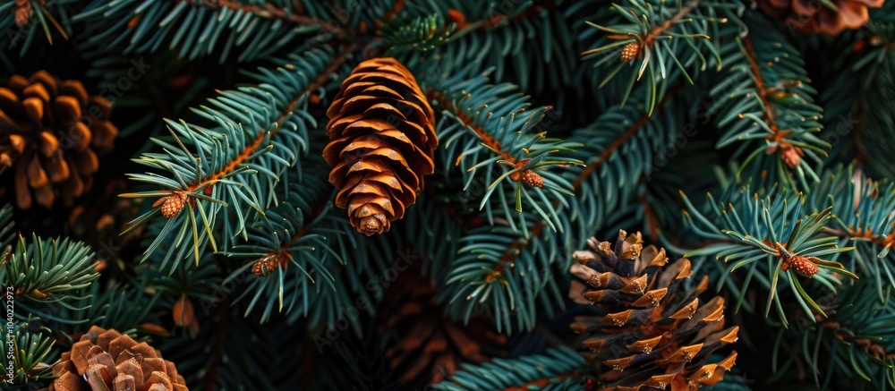 Poster close up of spruce branches with cones providing a vibrant copy space image