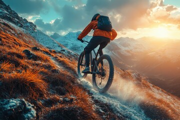Fototapeta premium Adventurous mountain biker navigating a snowy trail at sunset in the mountains