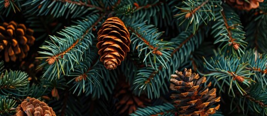 Naklejka premium Close up of spruce branches with cones providing a vibrant copy space image