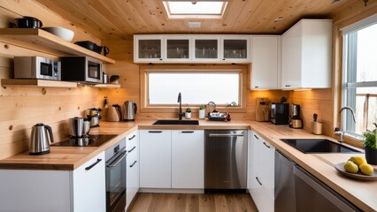 Fototapeta premium A cozy, modern kitchen with wood finishes, stainless appliances, and ample light from two windows. Sleek, minimalist design with efficient use of space.