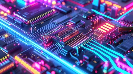 Obraz premium Modern Network Security Interface: Intricate Cyber Defenses, Encrypted Data Streams, Neon Cityscape Backdrop