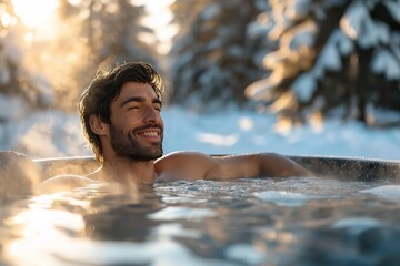 Fototapeta premium A smiling man enjoys an outdoor jacuzzi surrounded by snow-covered trees and warm sunlight