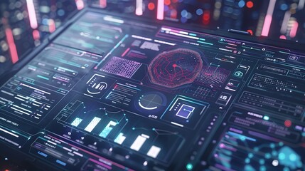 Fototapeta premium Modern Network Security Interface: Intricate Cyber Defenses, Encrypted Data Streams, Neon Cityscape Backdrop