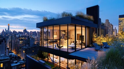 Obraz premium Modern Rooftop Terrace with City View at Dusk