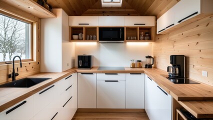 A cozy, modern kitchen with wood finishes, stainless appliances, and ample light from two windows. Sleek, minimalist design with efficient use of space.