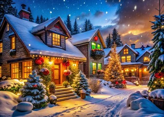 Obraz premium Rustic Homes in Snow with Bright Holiday Decorations - Traditional Winter Scene for Cozy Festivities