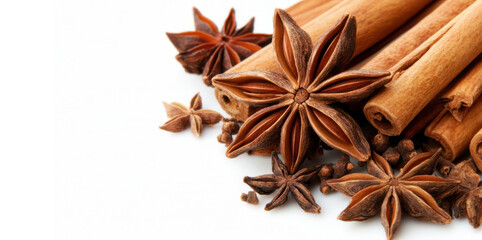 Fototapeta premium Close-up of Star Anise and Cinnamon Sticks on White Background 