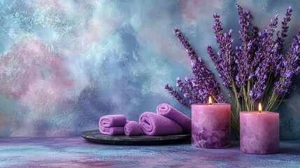 A serene spa setting with lavender, candles, and rolled towels for relaxation.