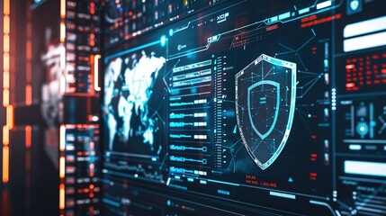 Fototapeta premium Modern Network Security Interface: Intricate Cyber Defenses, Encrypted Data Streams, Neon Cityscape Backdrop