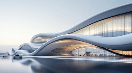 Futuristic modern airport terminal with sleek architecture and ample copy space