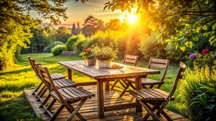Rustic Outdoor Table Setting with Warm Evening Sunlight and Greenery - Perfect for Dining and Relaxation