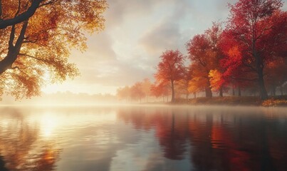 Tranquil Autumn Lake Scene at Sunrise
