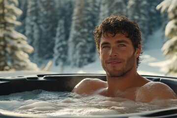 A man with curly hair sits in an outdoor hot tub amidst snow-covered trees and a serene landscape