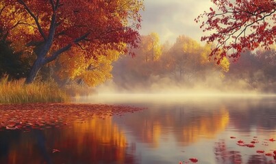 Serene Autumn Lake with Mist and Colorful Foliage