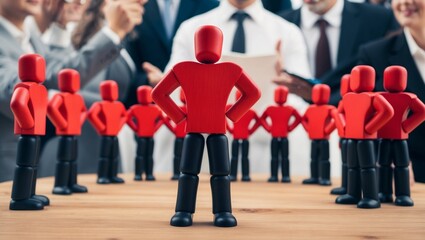 Fototapeta premium Conceptual image of leadership, teamwork and teambuilding. Businessman standing in front of a group of people.