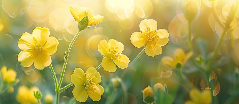 Close up view of blooming wild rocket Diplotaxis tenuifolia flowers with copy space image and selective focus a yellow flowering plant species