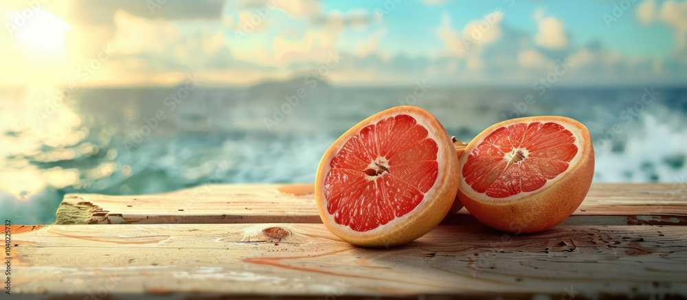 Wall mural fresh grapefruit cut in half on a wooden table with a seaside background offering copy space image i