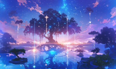 Obraz premium Enchanted Tree at Twilight with Celestial Reflections