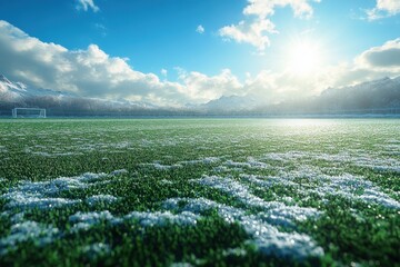 Vast green soccer field at sunrise with snow-covered ground and mountains in the background