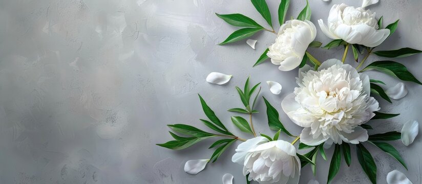 Soft white peony flowers with leaves on gray table background ideal for displaying text with a sentimental touch Copy space image with top view