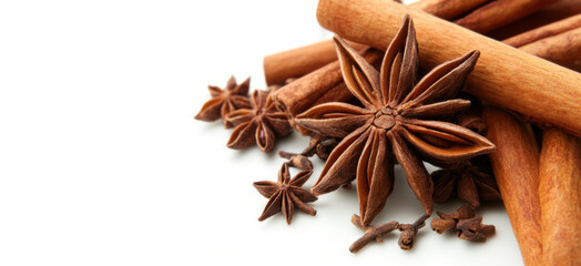 Fototapeta premium Close-up of Star Anise and Cinnamon Sticks on White Background 