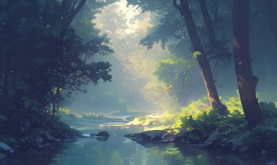 Obraz premium Tranquil Forest Stream in Morning Light