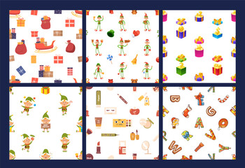 Fototapeta premium Christmas Themed Pattern Set With Festive Elements Including Gifts And Elves For Holiday Decoration And Greeting Cards