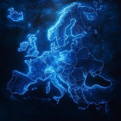 Obraz premium A dark luminescent map of Europe, showing borders