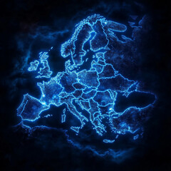 Obraz premium A dark luminescent map of Europe, showing borders