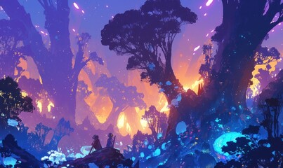Enchanted Forest at Sunset with Glowing Elements