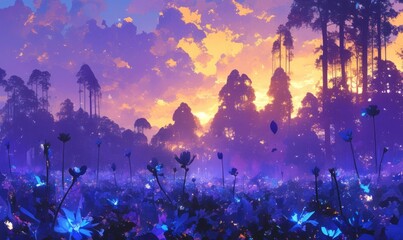 Enchanting Sunset Over Mystical Forest Landscape