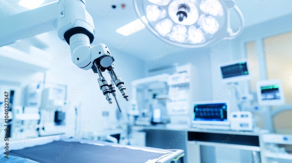 Poster A robot performing automated surgical procedures in a high-tech medical surgery room with advanced robotic surgery tools, clean and sterile environment, Surgical-tech style