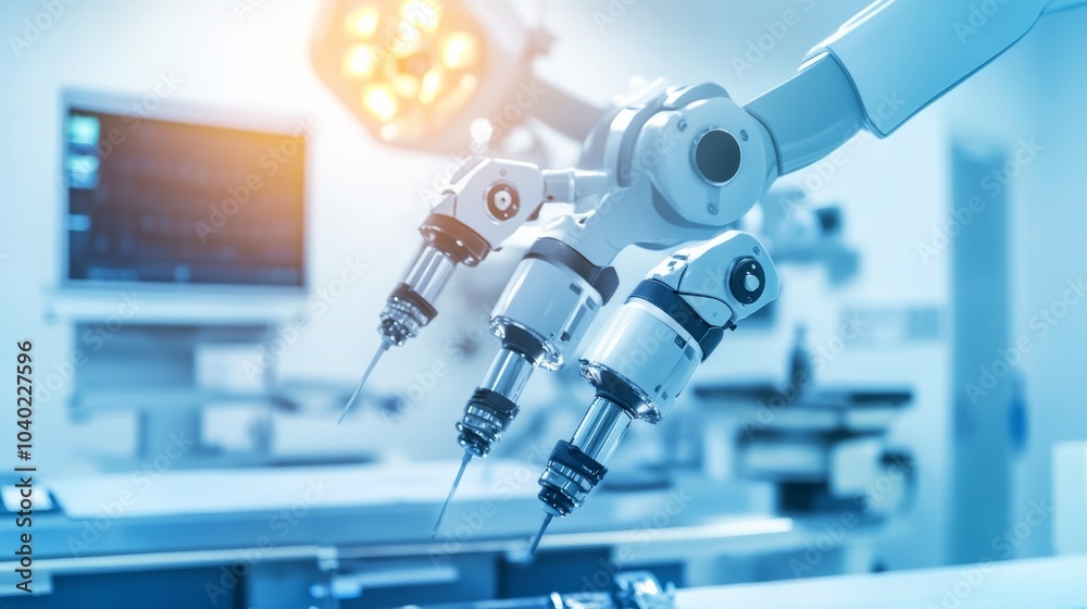 Poster A robot performing automated surgical procedures in a high-tech medical surgery room with advanced robotic surgery tools, clean and sterile environment, Surgical-tech style