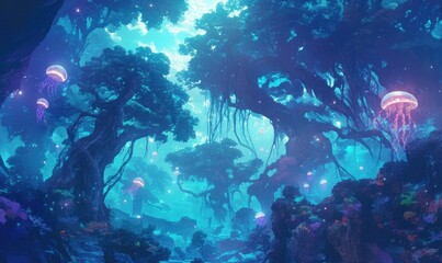 Fototapeta na wymiar Enchanted Forest with Floating Luminescent Jellyfish