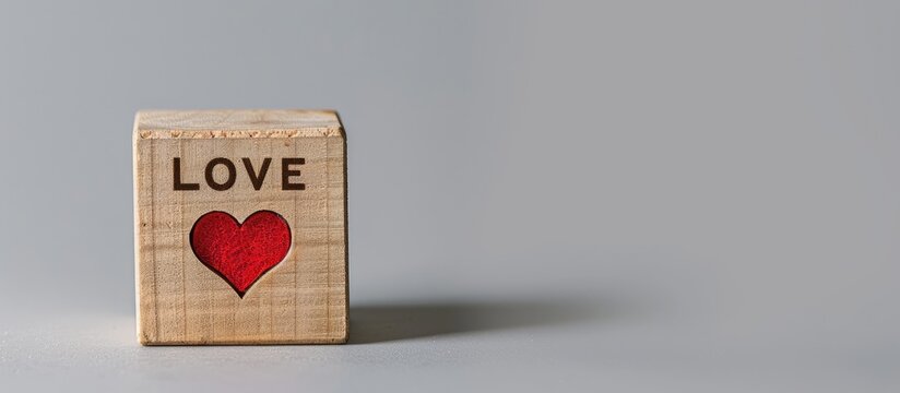A wooden block featuring the word LOVE and a red heart is carefully positioned on a white backdrop creating a love symbol with available copy space image