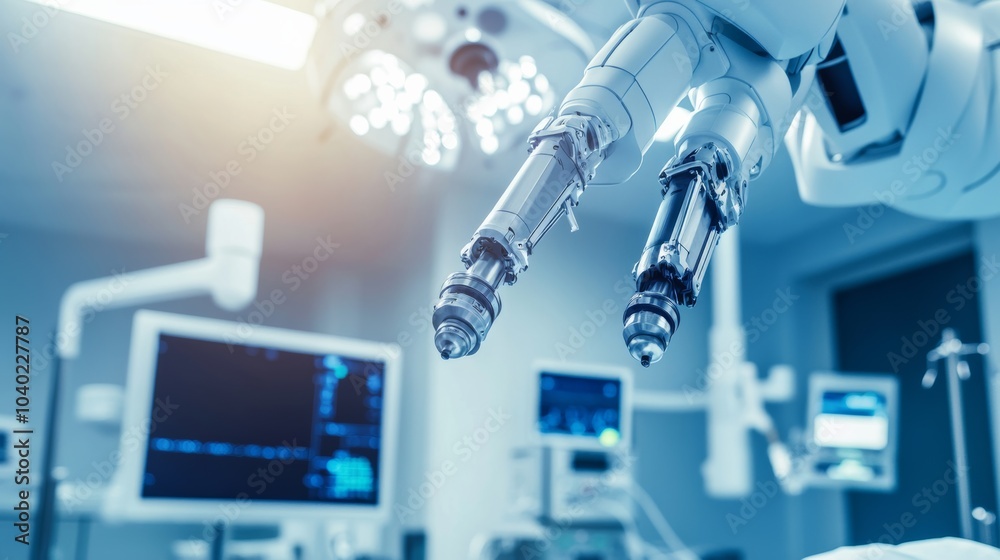 Poster A robot performing automated surgical procedures in a high-tech medical surgery room with advanced robotic surgery tools, clean and sterile environment, Surgical-tech style