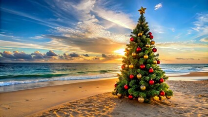 Christmas tree decorated with ornaments on sandy beach at sunset