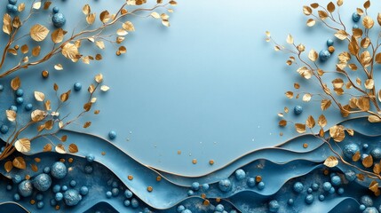 Elegant abstract design featuring blue waves and golden foliage for decorative purposes.