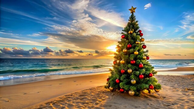 Christmas tree decorated with ornaments on sandy beach at sunset